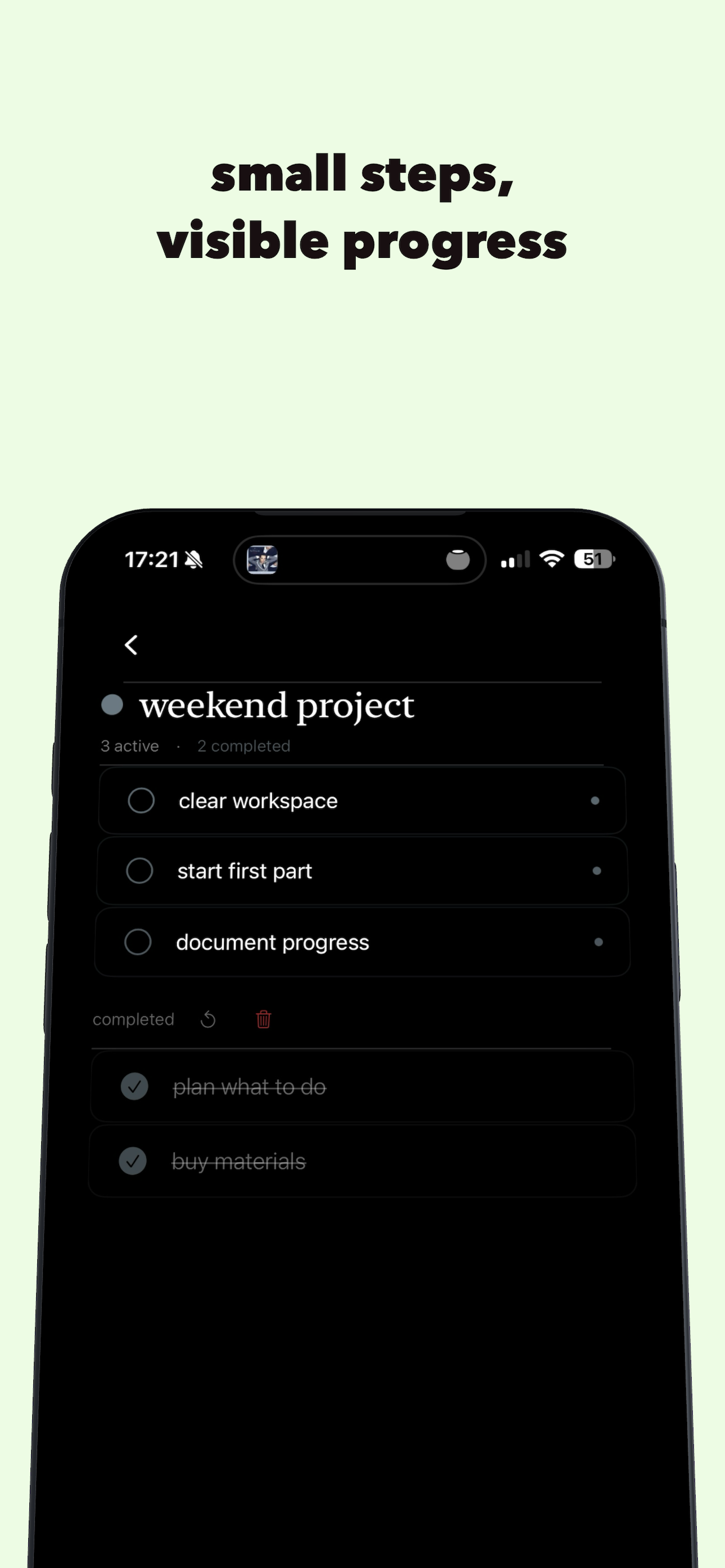 Project task view with progress