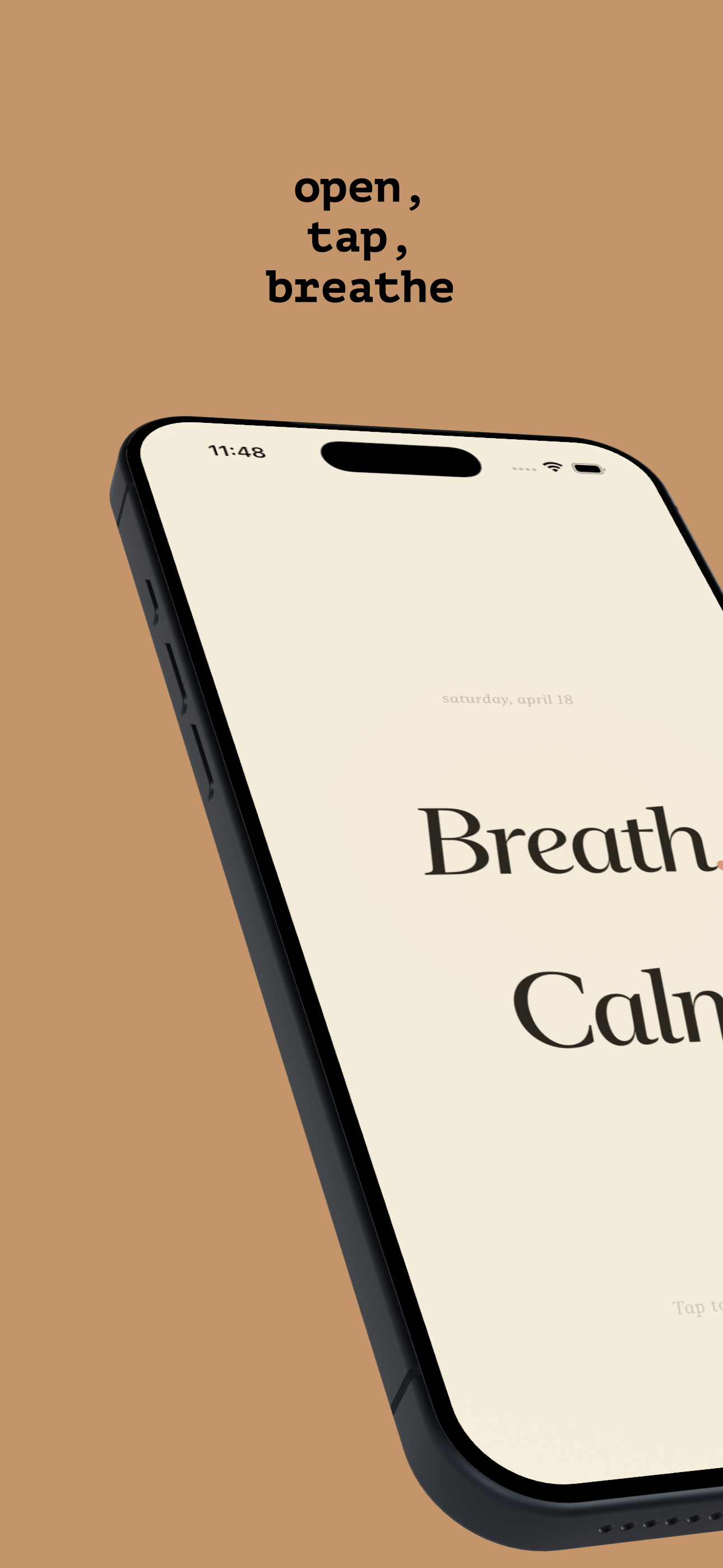 Home screen — breath and calm as two simple choices